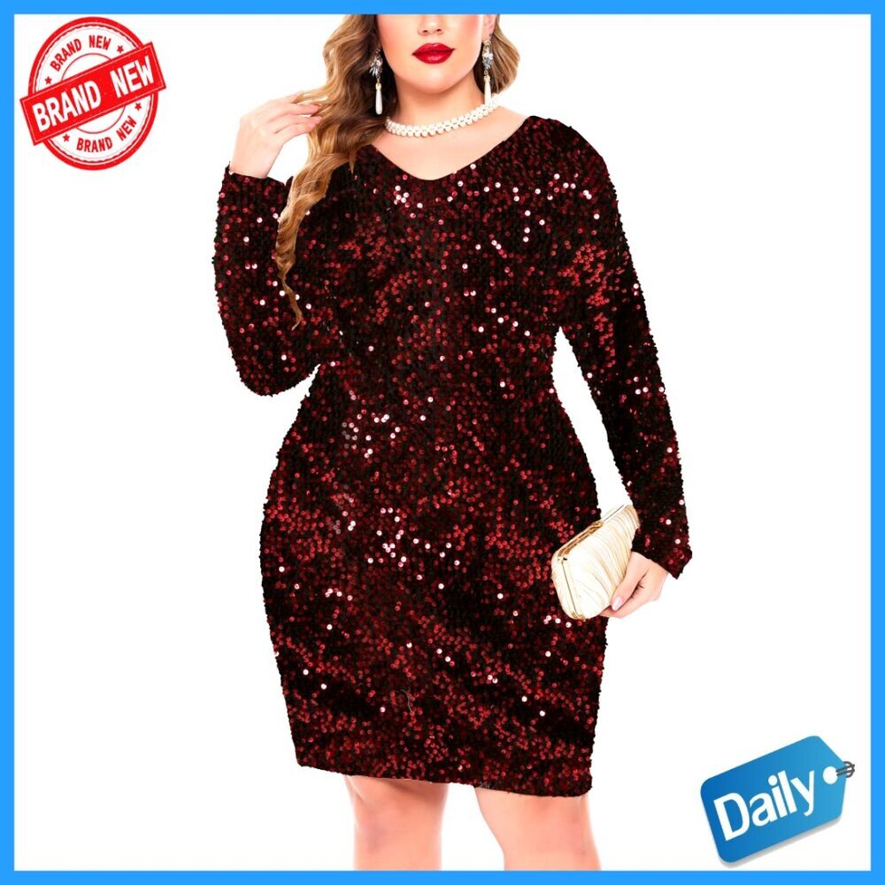 Sequin Party Dress V Neck Long Sleeve Cocktail Formal Elegant Plus Size